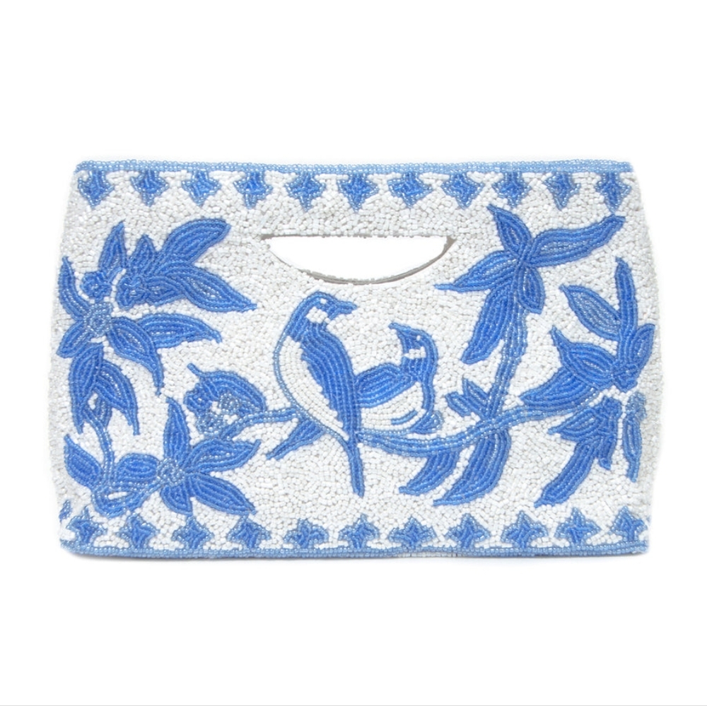 Blue and White Hand Beaded Bird Clutch